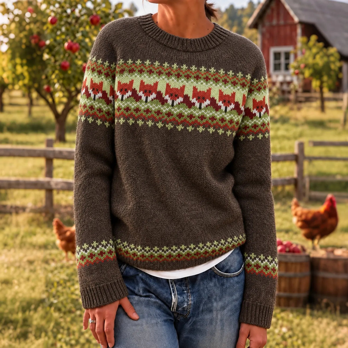 Women's Vintage Fox Jacquard Knit Cozy Crew Neck Sweater