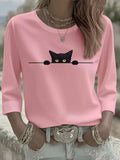Women's Casual Cat Print Three-Quarter Sleeve T-Shirt