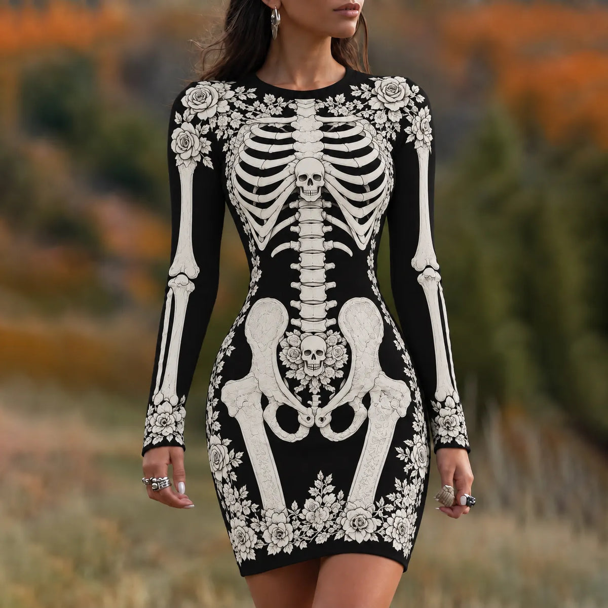 Women's Vintage Halloween Fall Skeleton With Skull Art Comfy Mini Bodycon Dress
