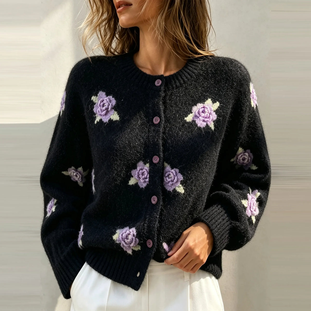 Women's Casual Purple Rose Embroidery Jacquard Knit Cardigan