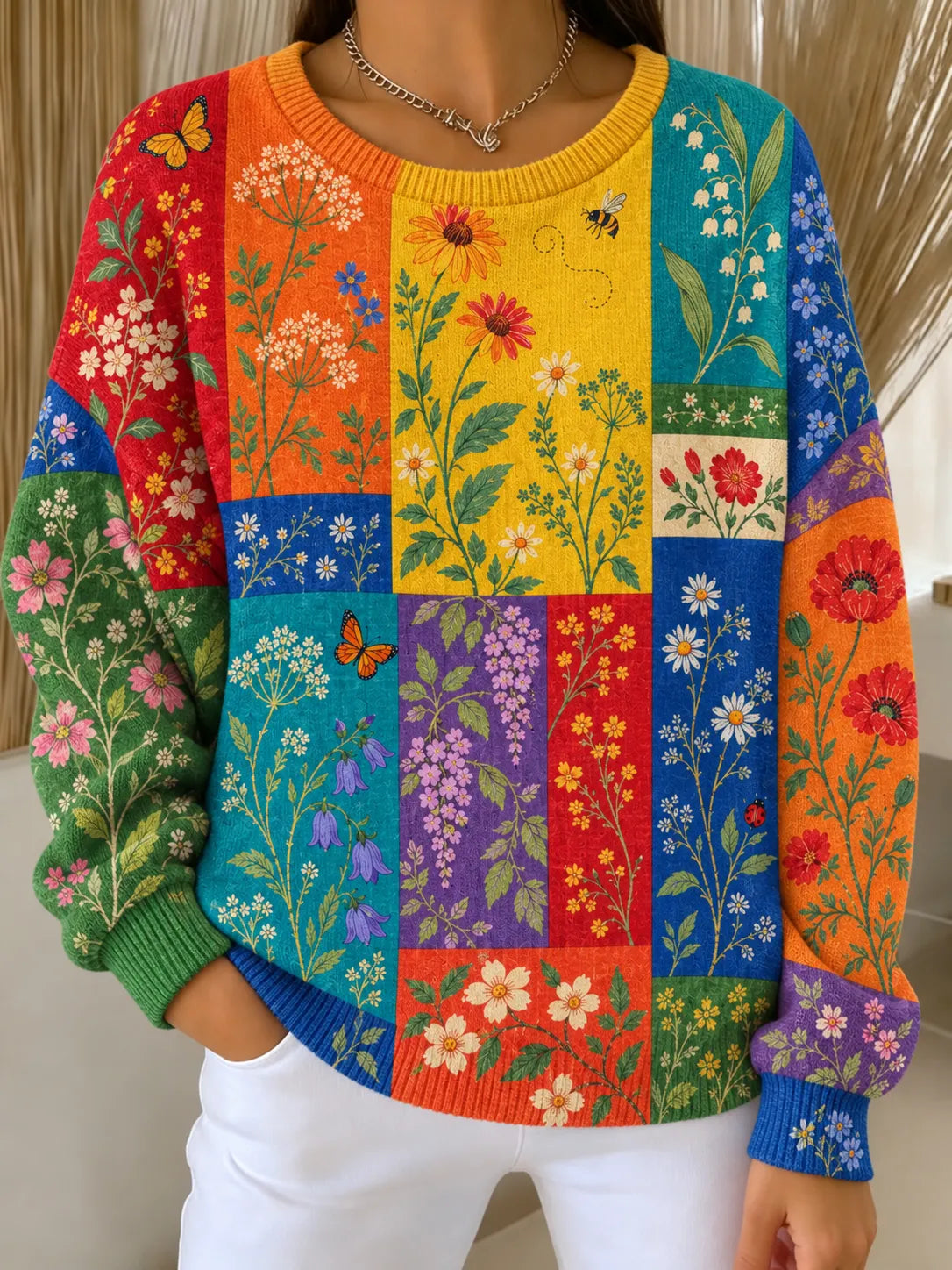 Women's Retro Colorful Floral And Bees Pattern Art Casual Knit Sweater