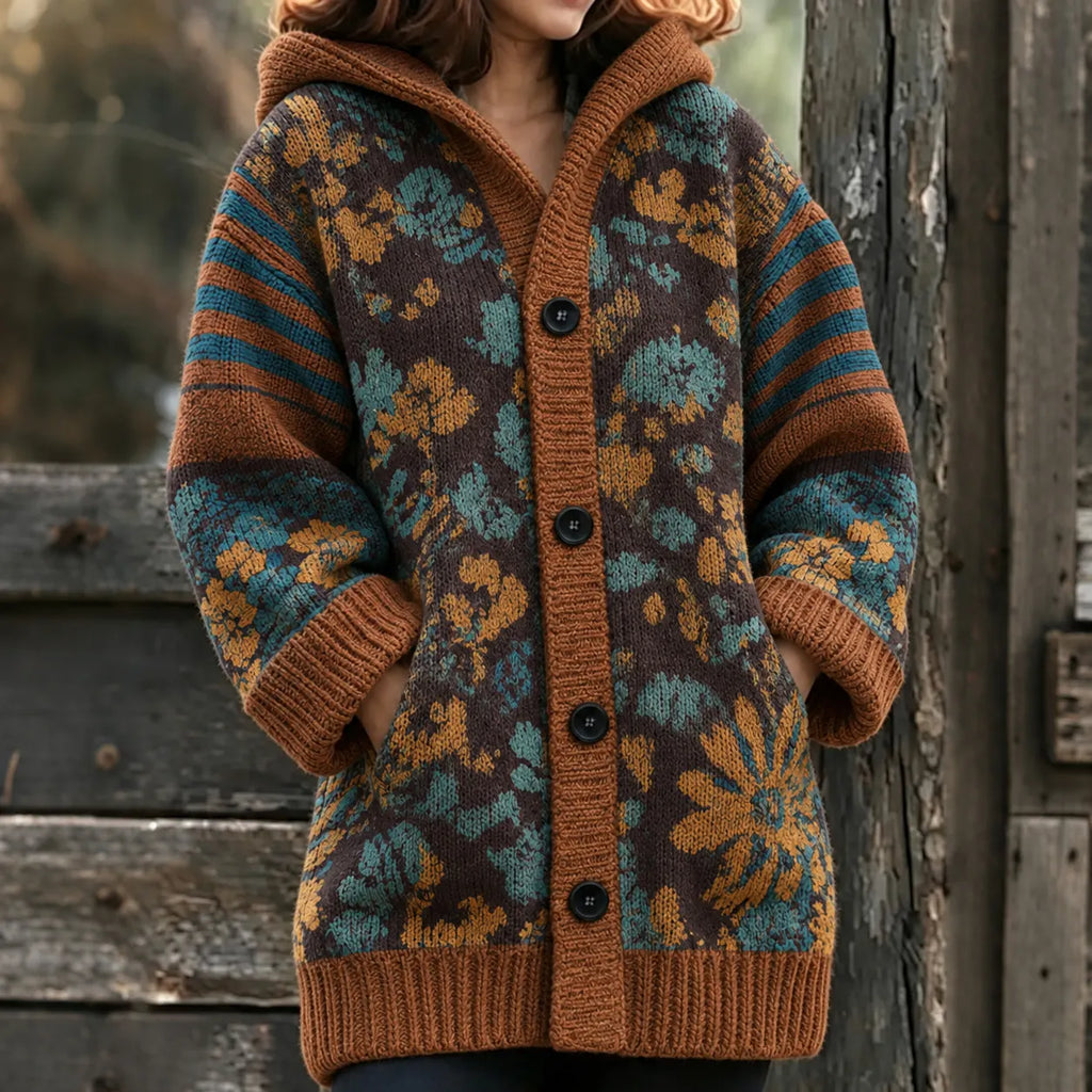 Women's Vintage Floral Print Knitted Hooded Cardigan