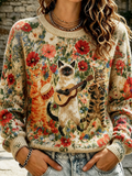 Women's Floral Crewneck Knit Sweater - Three Cats Playing Instruments In A Flower Garden Print