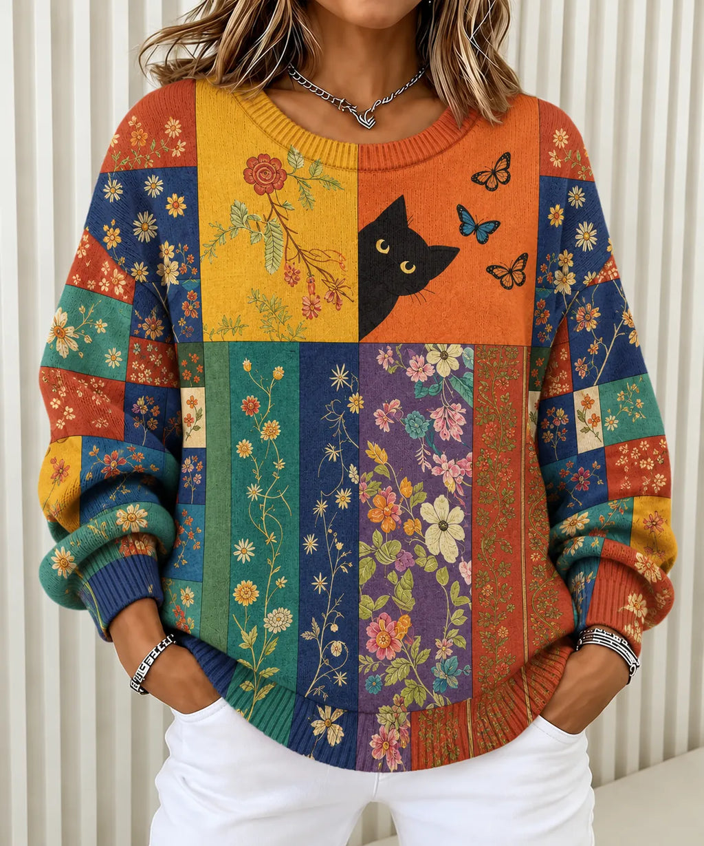 Women's Retro Colorful Black Cat With Floral Pattern Art Casual Knit Sweater