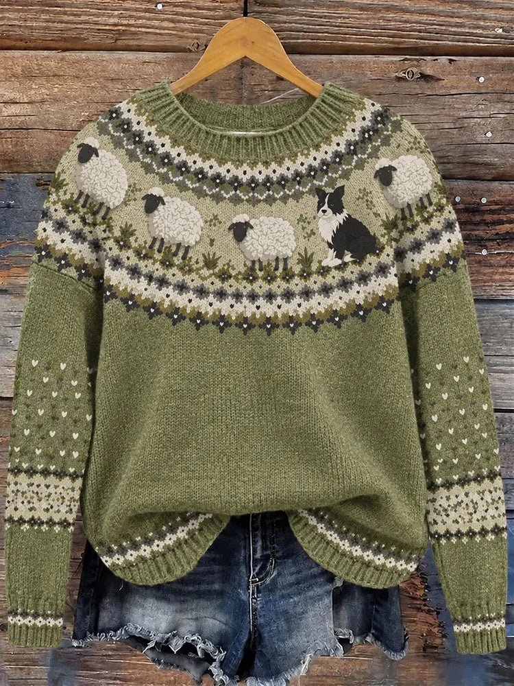 Women's Retro Farm Border Collie With Sheep Patterns Cozy Fair Isle Style Knit Sweater