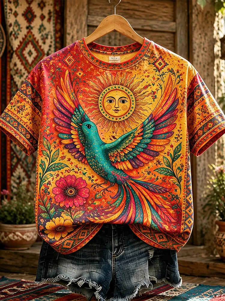 Vintage Bohemian Hippie Style Phoenix Sunflower Pattern Short-sleeve Top