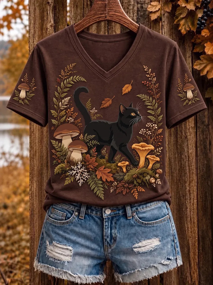 Women's Autumn Cute Cat Art Print Short Sleeve V Neck T-shirt