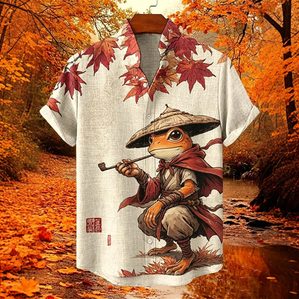 Men's Retro Samurai Frog In Fall Japanese Ukiyo-e Graphic Print Short Sleeve Shirt