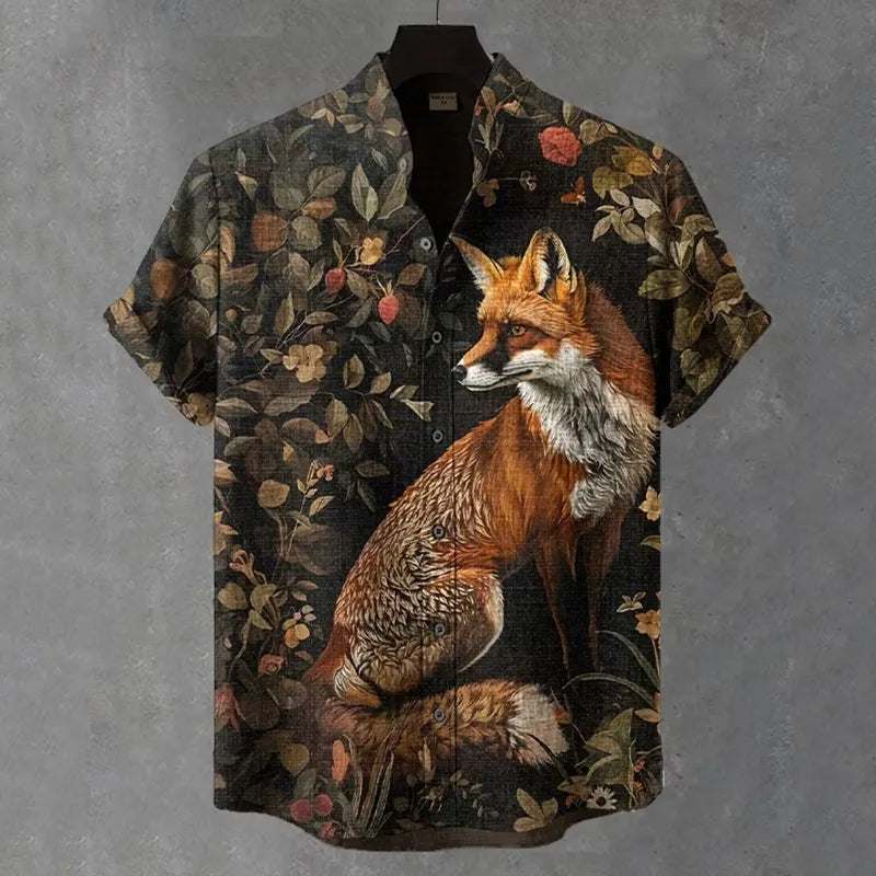 Men's Retro Fox In Fall Forest Graphic Print Short Sleeve Shirt