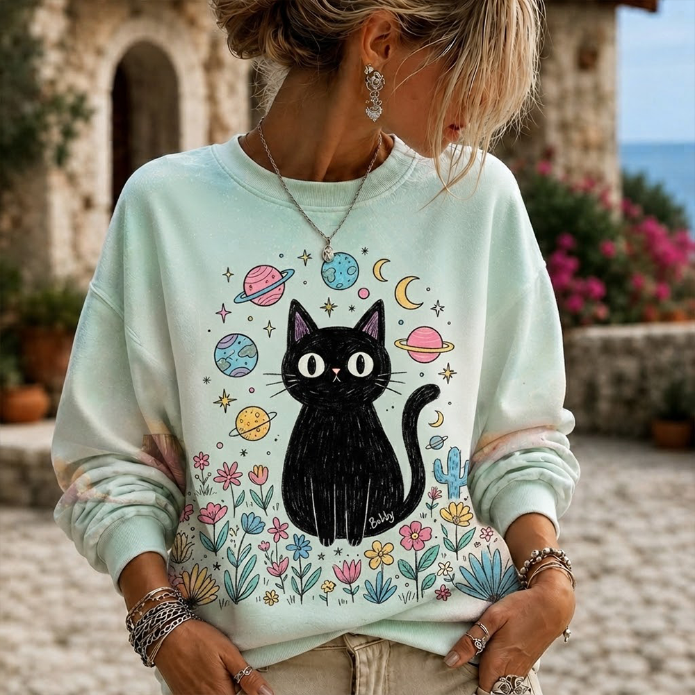 Women's Casual Tie-dye Crewneck Sweatshirt In Mint Green With Black Cat, Planets, And Floral Print