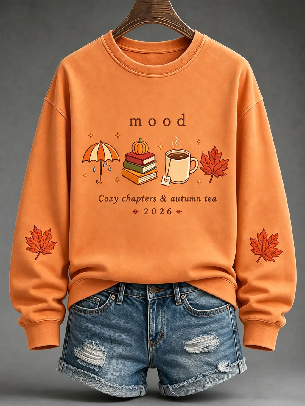 Women's Vintage Cozy Chapters & Autumn Tea Print Crew Neck Sweatshirt