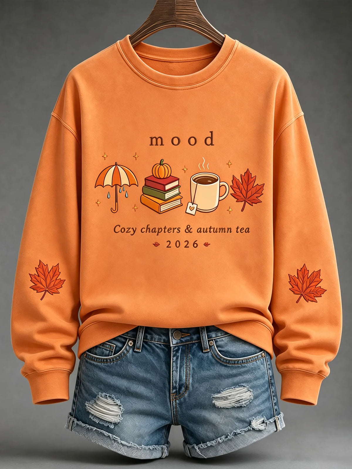 Women's Vintage Cozy Chapters & Autumn Tea Print Crew Neck Sweatshirt