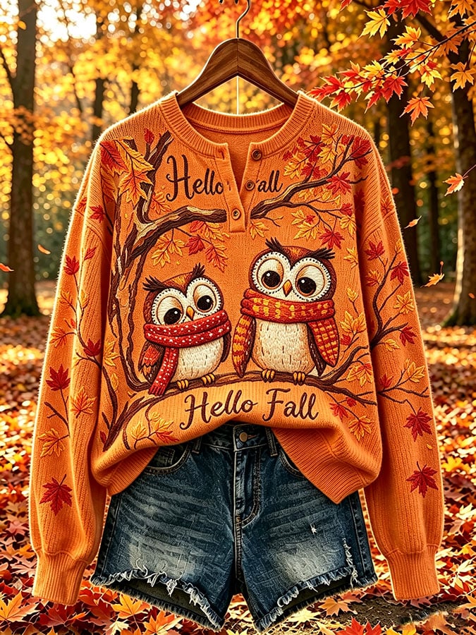 Women's Casual Print Button-Up Collar Knit Top