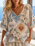 Women's Sacred Heart Angel Dove V-neck Long-sleeve Top