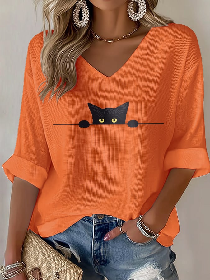 🐾Buy 3 Save 10%🐱Women's Cat Print Waffle T-shirt💛100% For Shelter Pets🐱🐶