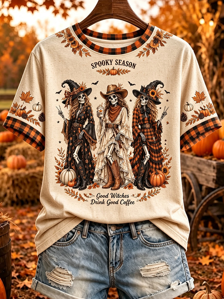 Women's Vintage Halloween Fall Skeleton Print Crew Neck Short Sleeve T-shirt