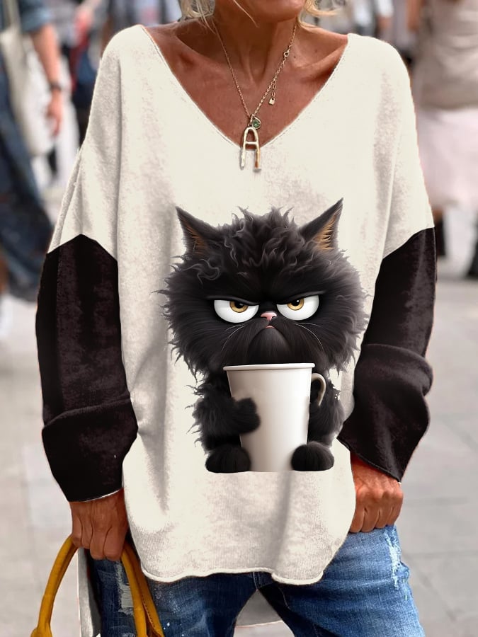 Women's Winter Funny Cute Wonderland Clothing Cat Coffee Printed V-Neck Long Sleeve Top