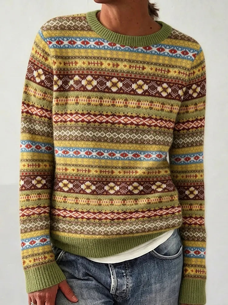 Women's Retro Geometric Stripe Jacquard Warm Crew-neck Sweater