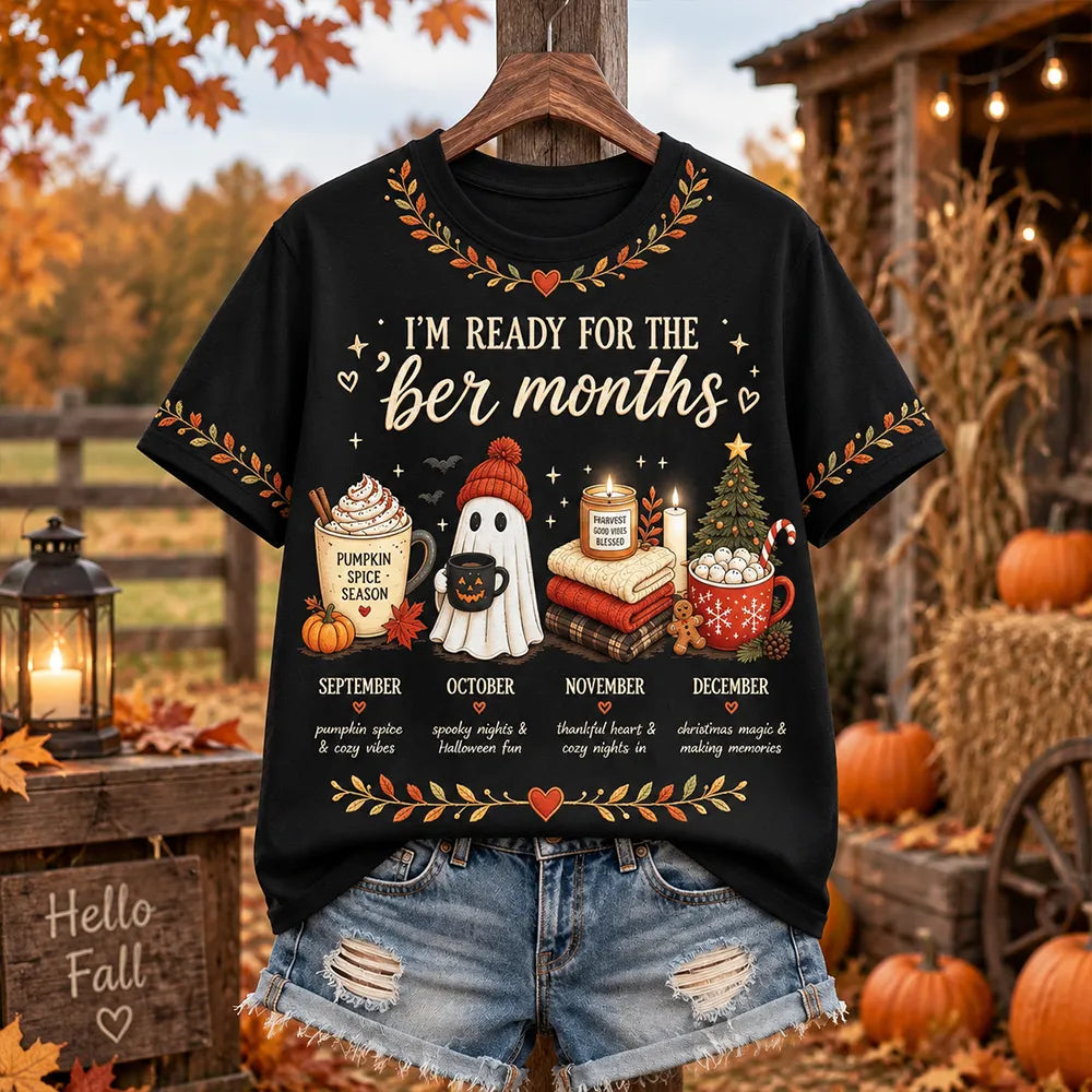 Women's "i'm Ready For The 'ber Months" Pumpkin Spice Ghost And Holiday Icons Graphic T-shirt