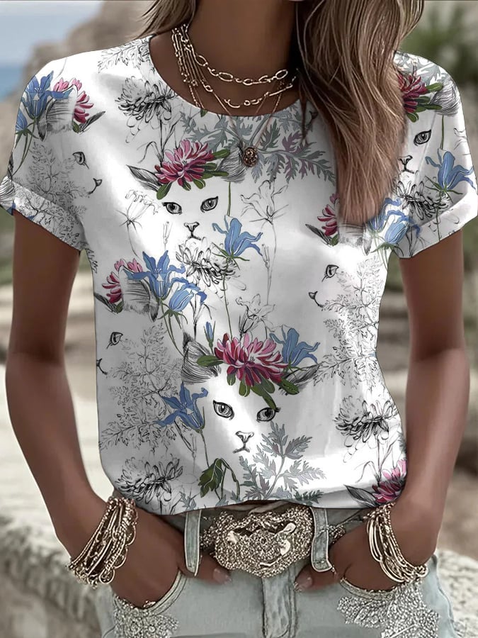 Women's Floral Cat Print Round Neck T-Shirt