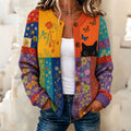 Women's Retro Colorful Black Cat With Floral Pattern Art Casual Knit Cardigan