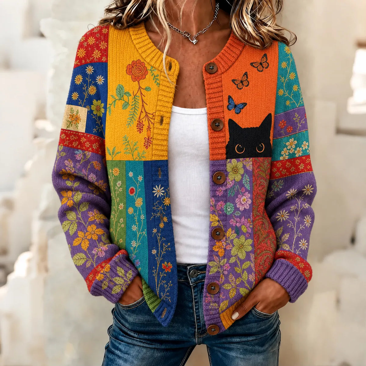 Women's Retro Colorful Black Cat With Floral Pattern Art Casual Knit Cardigan