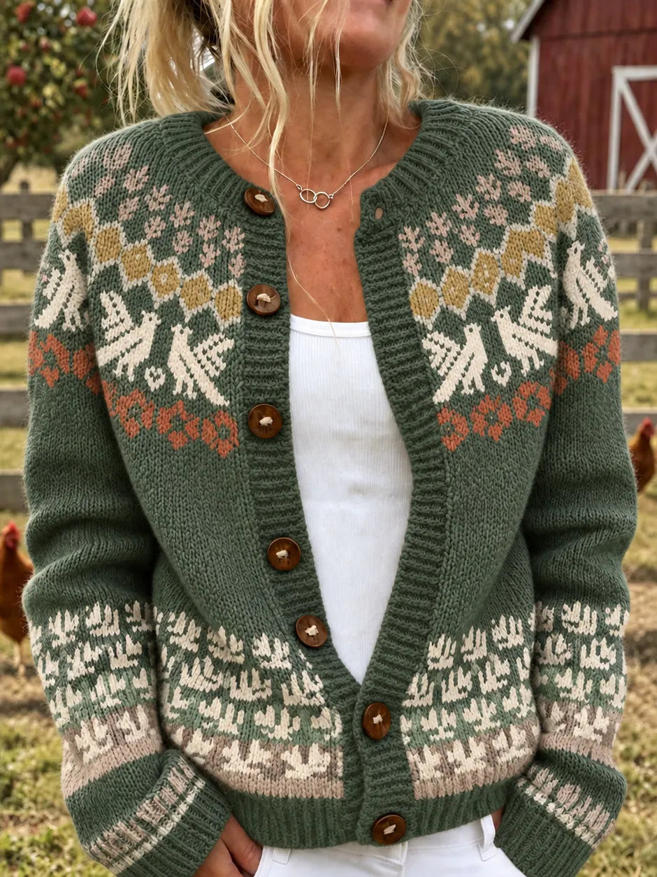 Women's Vintage Bird Art Pattern Cozy Knit Cardigan