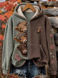 Women's Retro Highland Cow Print Casual Zip-Up Hoodi