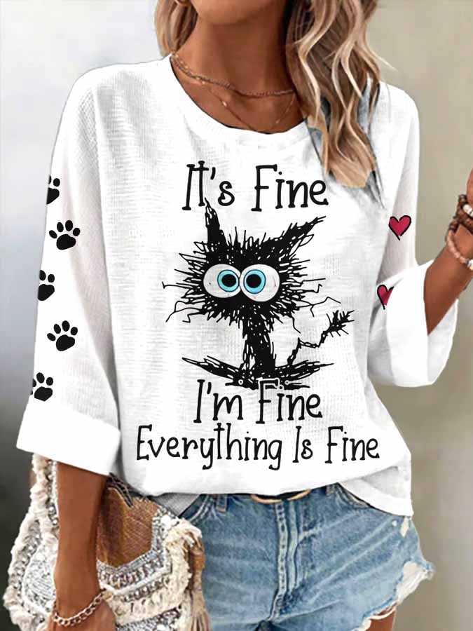 🐾Buy 3 Save 10%🐱Women's Retro It'S Fine I'M Fine Everything Is Fine Print Shirt💛100% For Shelter Pets🐱🐶