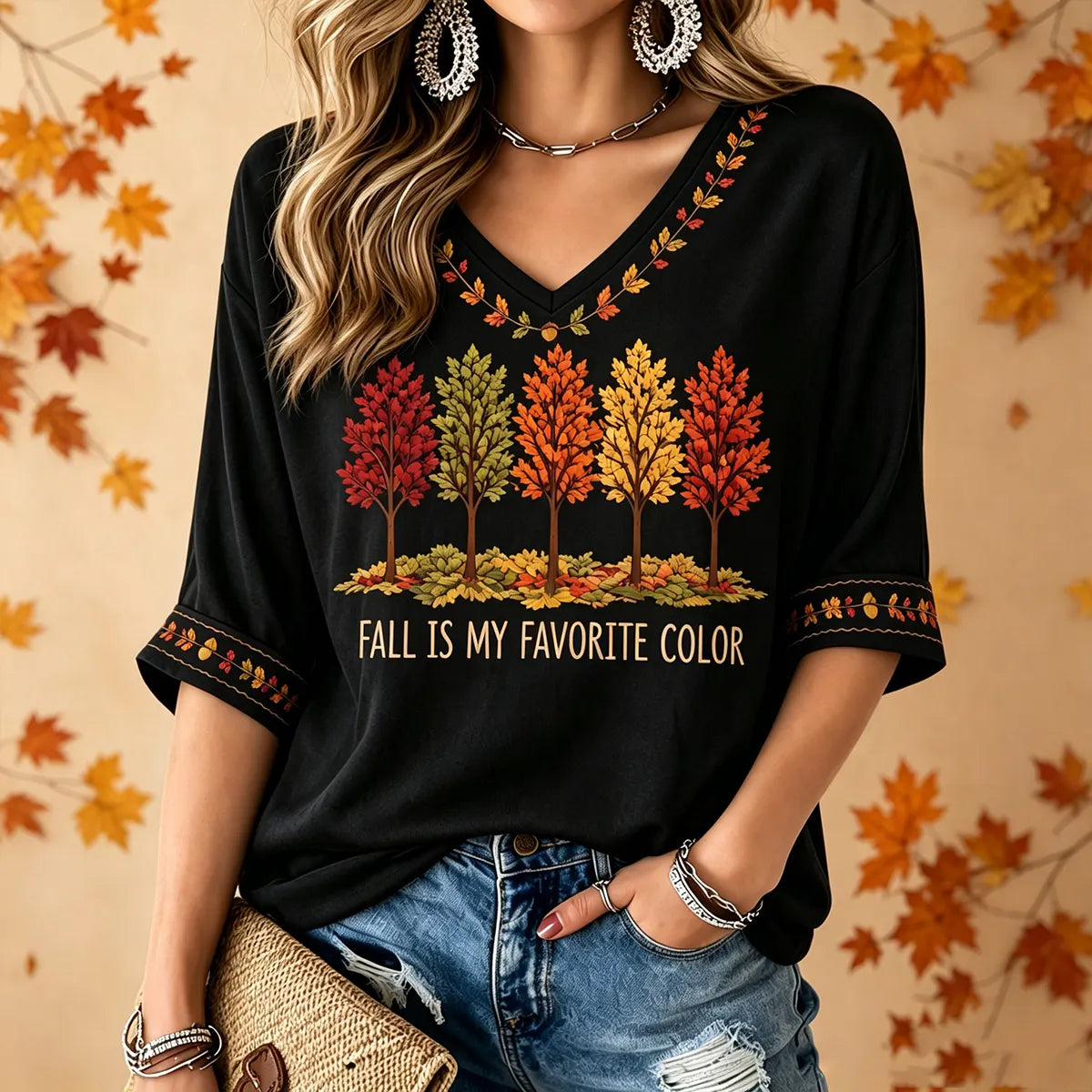 Fall Is My Favorite Color  Women's V-neck T-shirt With Mid-length Sleeves