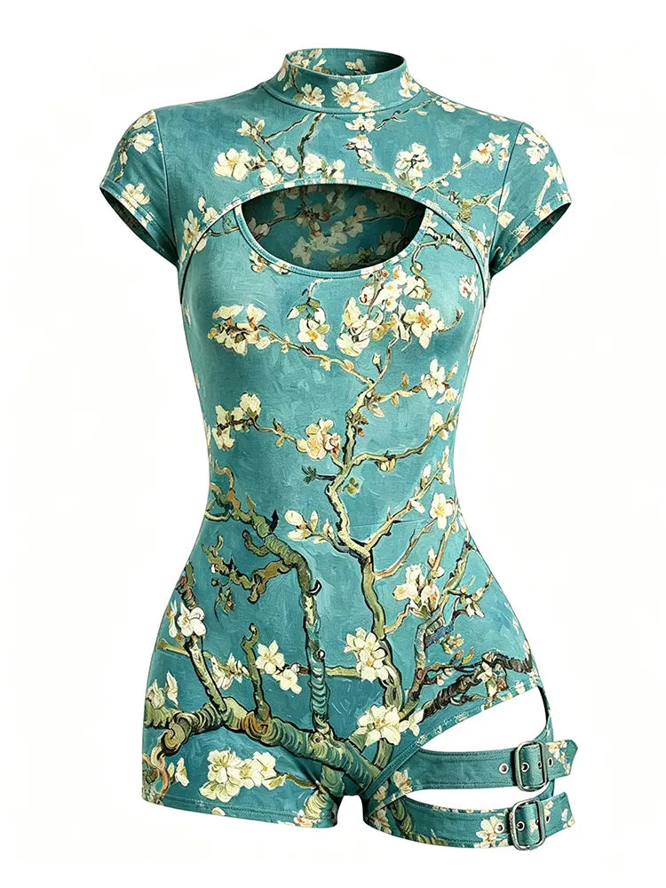 Women's Retro Japanese Art Floral Print Cotton Linen High-neck Short-sleeve Jumpsuit
