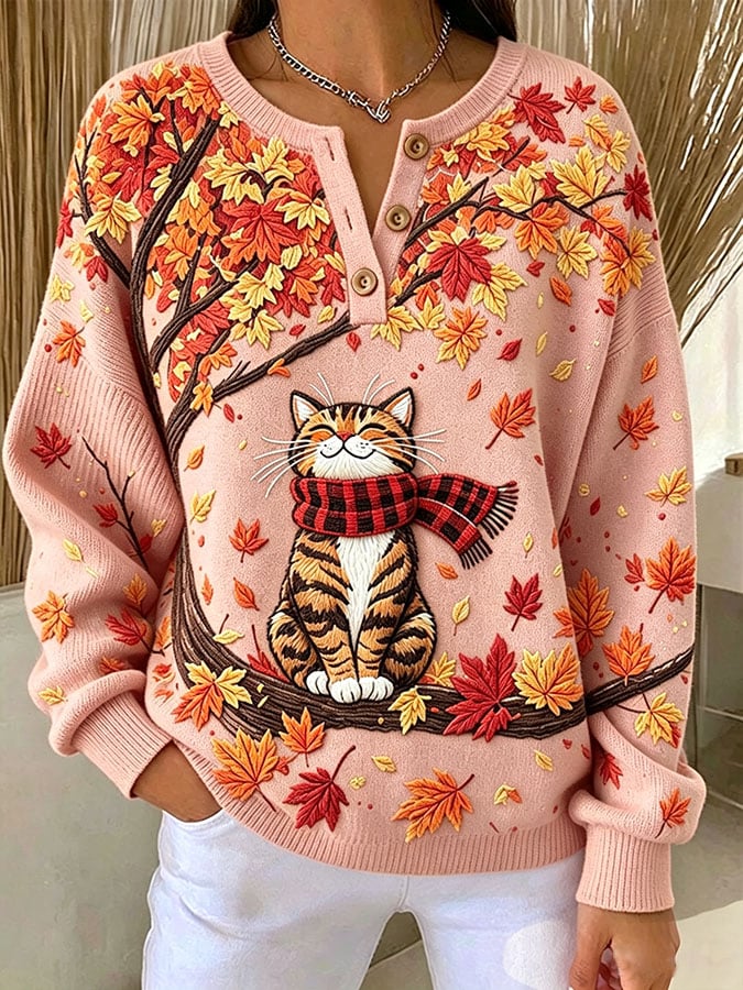 Women's Casual Print Button-Up Collar Knit Top