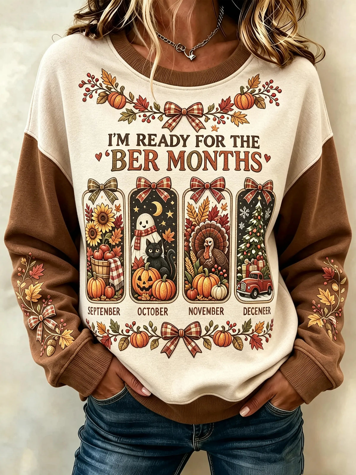 Women's Retro Vacation Autumn Color Block Print Crew Neck Sweatshirt