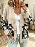 Women's Retro Cat Print Sweater Jacket