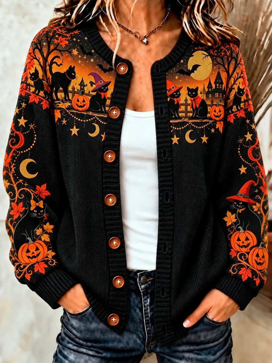 Women's Halloween Black Cat And Pumpkin Art Pattern Knit Cardigan