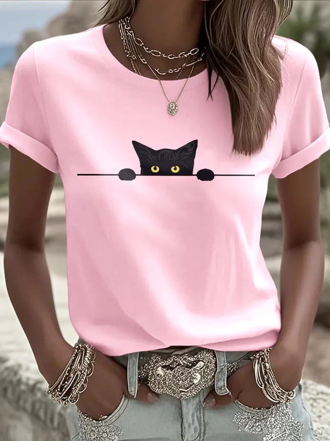 🐾Buy 3 Save 10%🐱Women's Cat Printed Round Neck T-Shirt💛100% For Shelter Pets🐱🐶