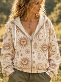 Women's Bohemian Sun, Moon & Hamsa Hand Pattern Full-zip Hoodie