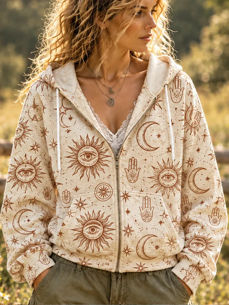 Women's Bohemian Sun, Moon & Hamsa Hand Pattern Full-zip Hoodie
