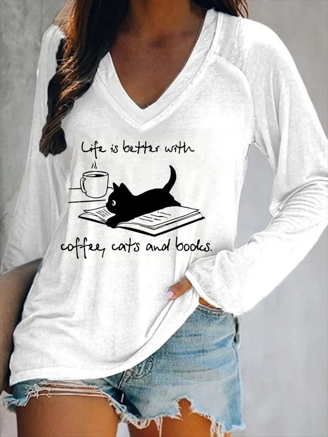 Coffee Cat And Book Print Women's Long-Sleeved V-Neck T-Shirt