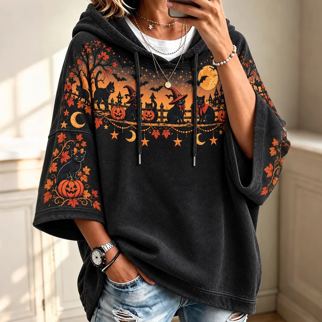 Women's Vintage Halloween Black Cat And Pumpkin Art Print Half Sleeve Casual Hoodie