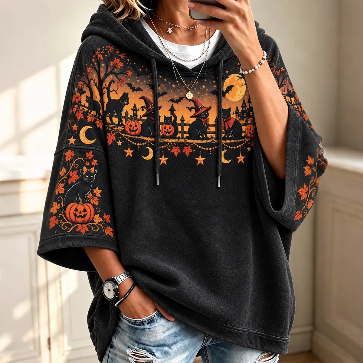 Women's Vintage Halloween Black Cat And Pumpkin Art Print Half Sleeve Casual Hoodie