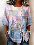 Women's Denim Cat Portrait Patchwork Art Print Casual Top