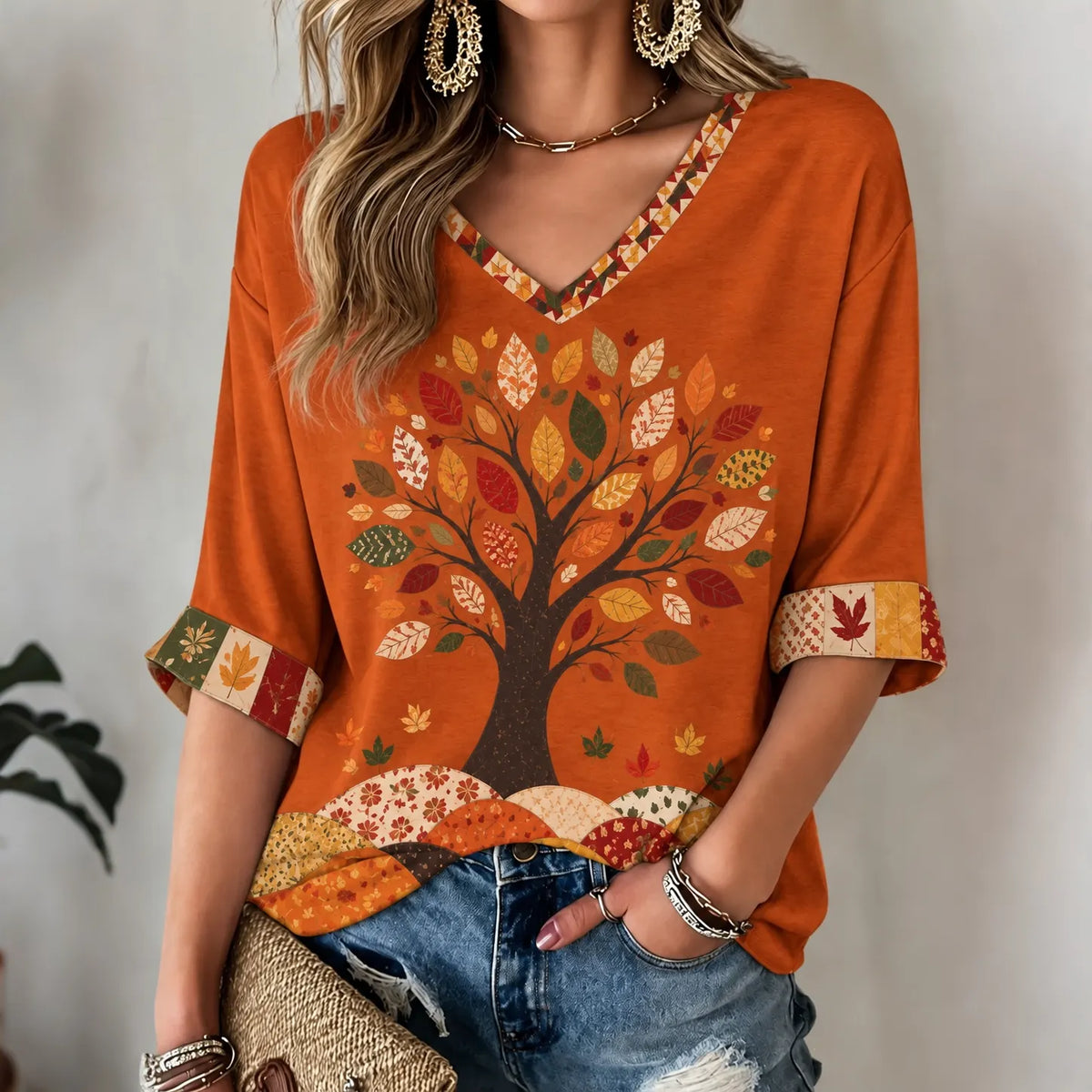 Women's Retro Tree Of Life In Autumn Autumn Print V-neck T-shirt