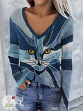Women's Vintage Animal Cat Print Knit Top