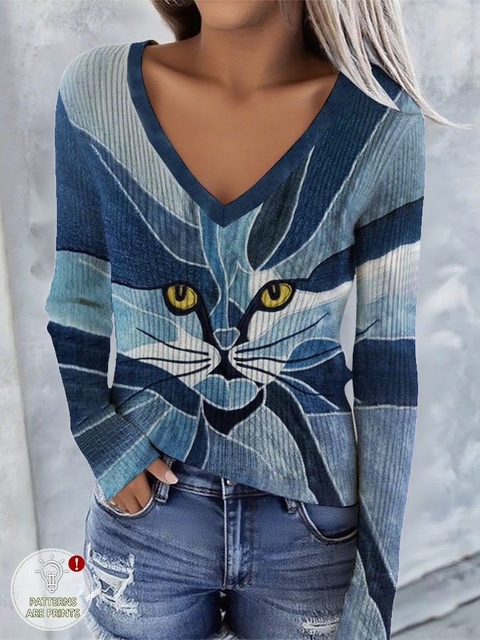Women's Vintage Animal Cat Print Knit Top