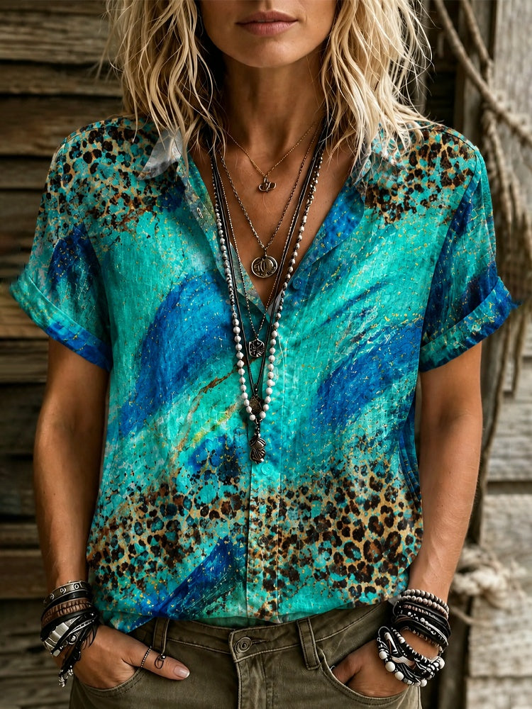 Women's Bohemian Hippie Vacation Tie-dye Leopard Print Short-sleeve Shirt