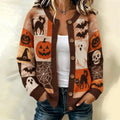 Women's Halloween-themed Patchwork Sweater Cardigan With Pumpkins And Ghosts