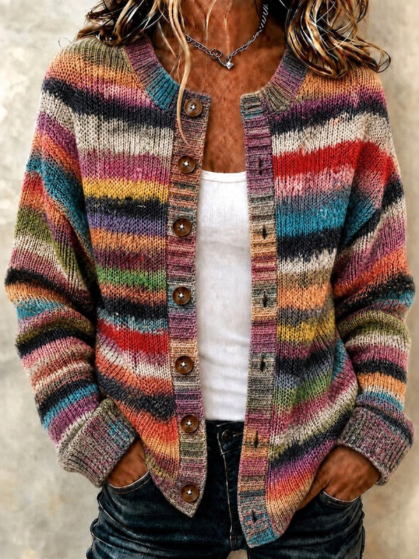 Women's Bohemian Retro Striped Gradient Art Print Knit Button Cardigan