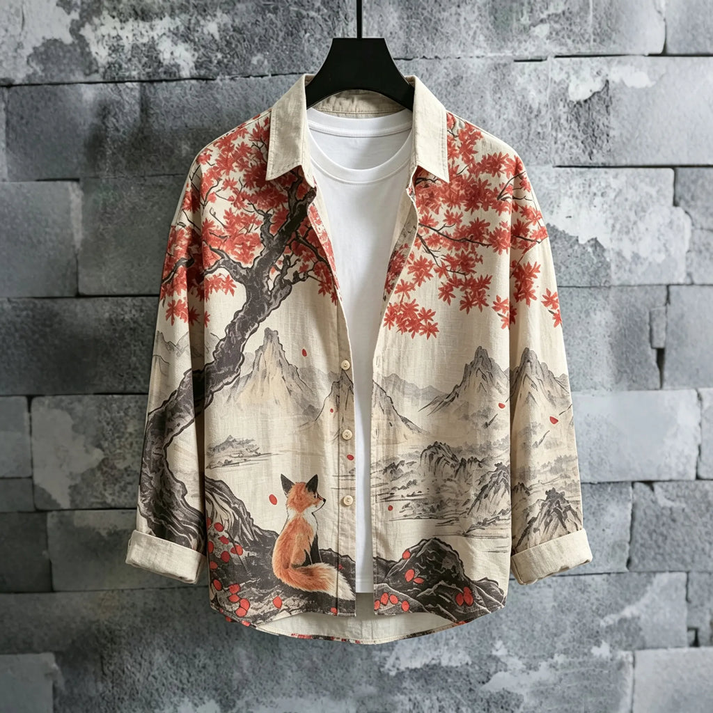 Men's Retro Fox In Fall Landscape Ink Painting Print Long Sleeves Shirt