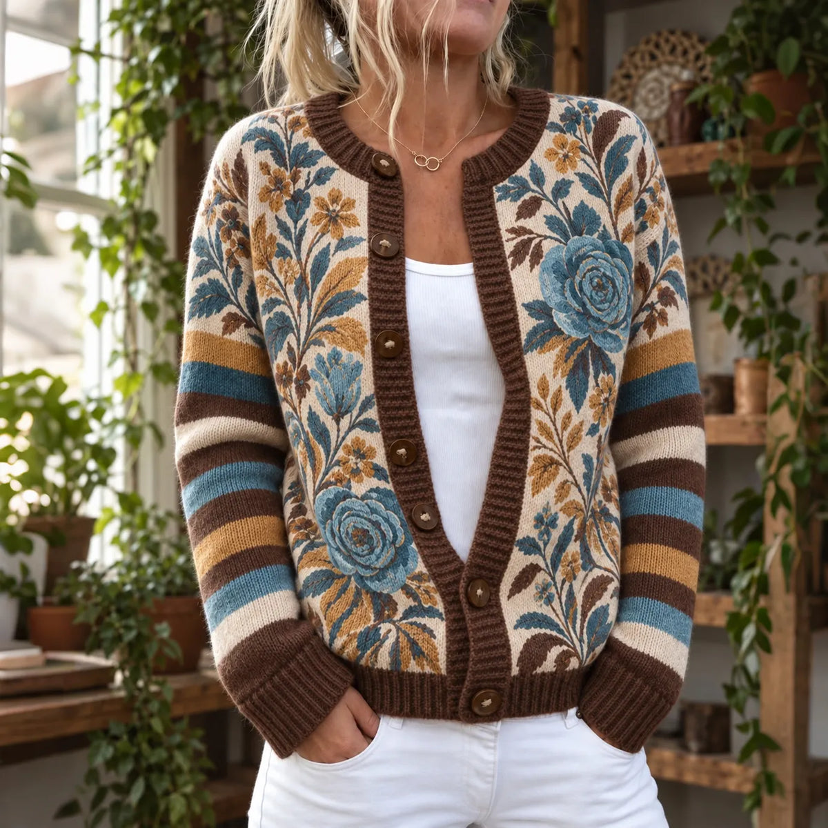 Women's Vintage Floral Print Knit Cardigan Sweater
